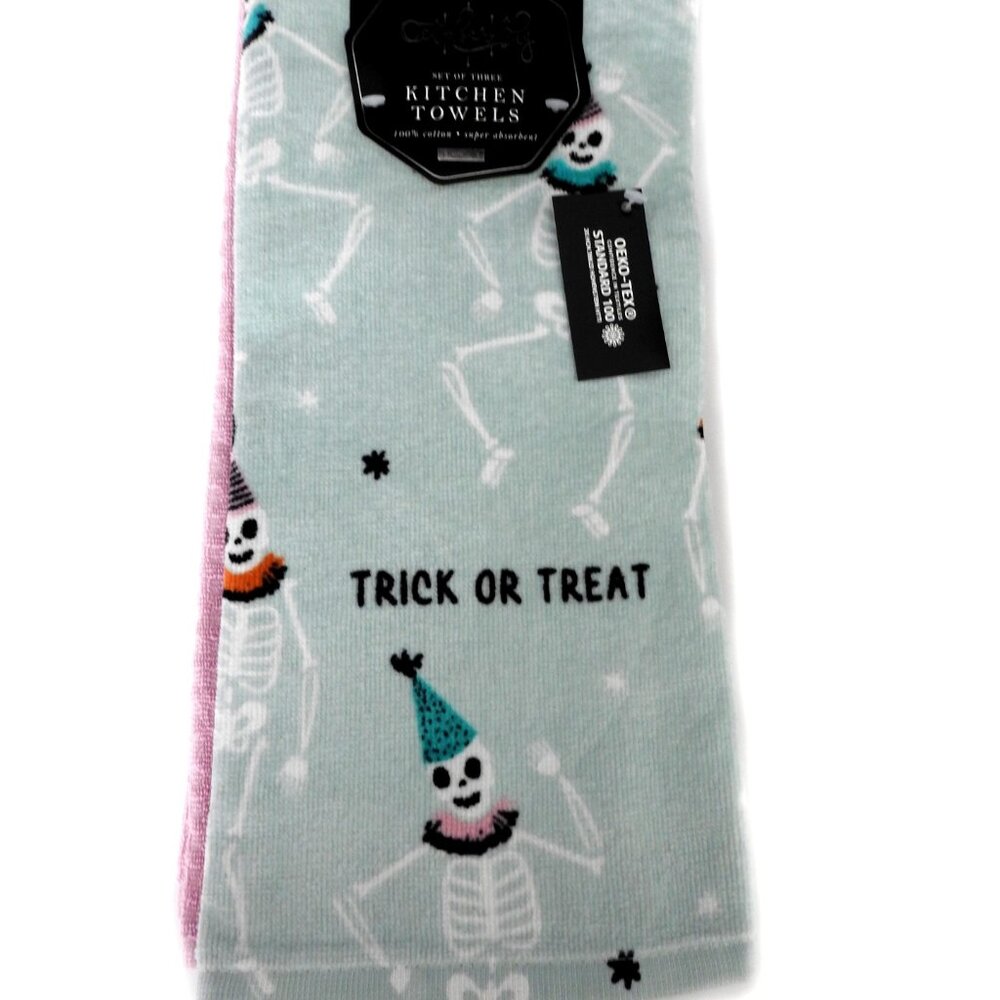 NWT Envogue Halloween Skeletons Cotton Kitchen Towels Pack 3 Pastel Blue Pink